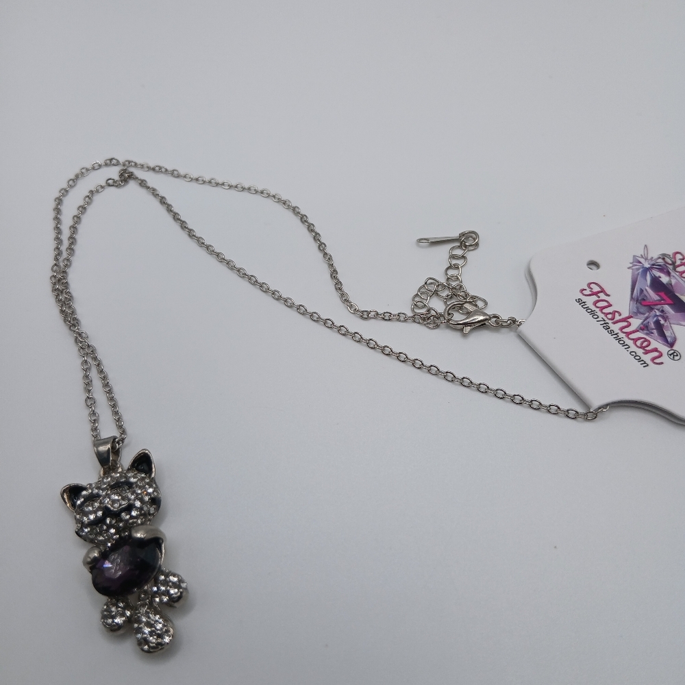 Happy Kitty Holding Amethyst Necklace